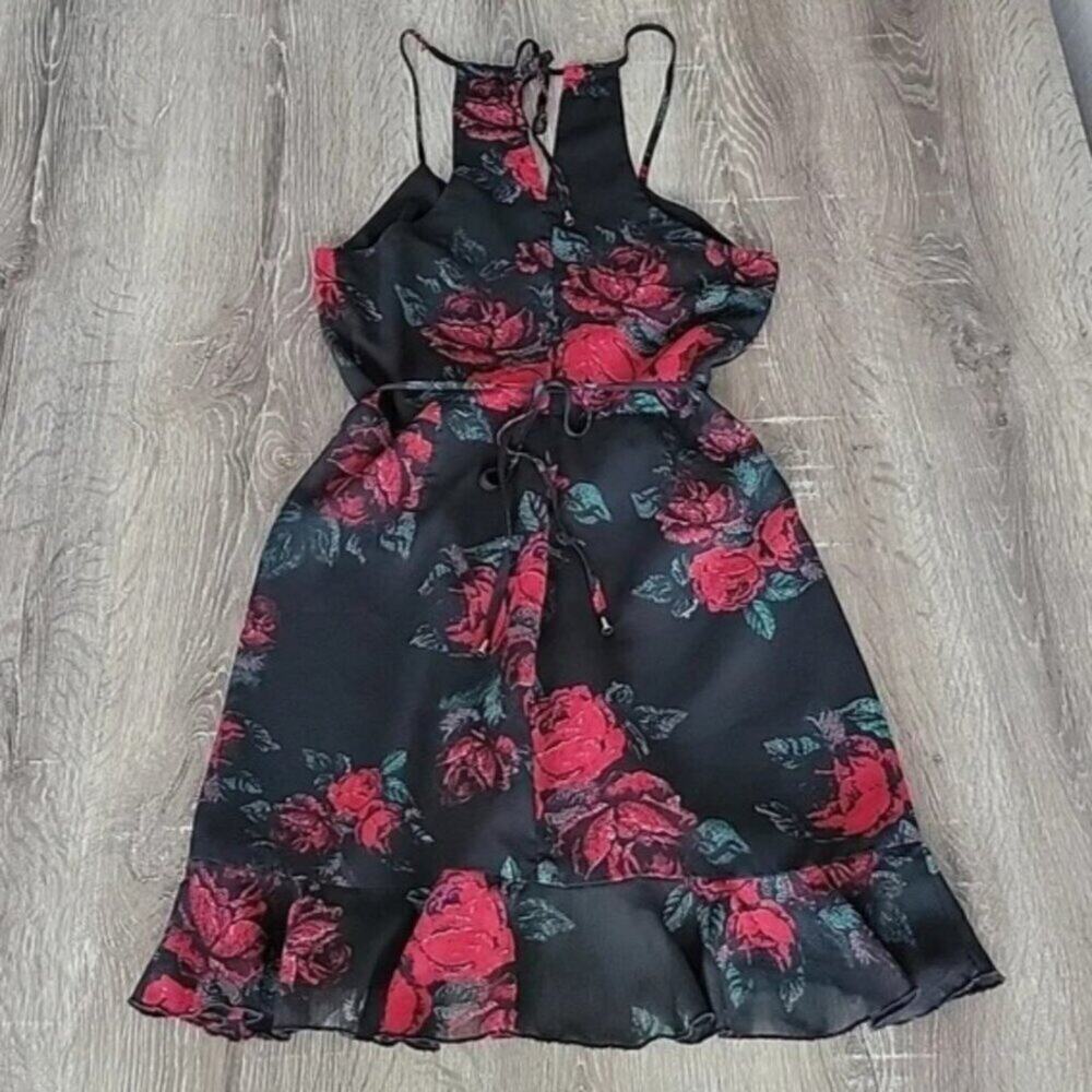 Lovers + Friends Gigi Mini Wrap Dress Black Red Floral Size S EUC - Picture 4 of 8